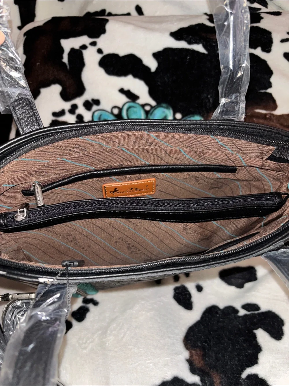 Montana West Black & White Cowhide Tote with Turquoise Accents - Picture 3 of 4